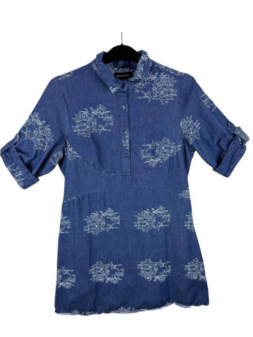 Nina Leonard Floral Embroidered Cuffed Sleeve Half Button Up Cotton Dress Sz 14
